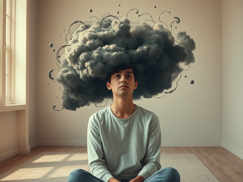 young man overthinking while working on laptop feeling stressed